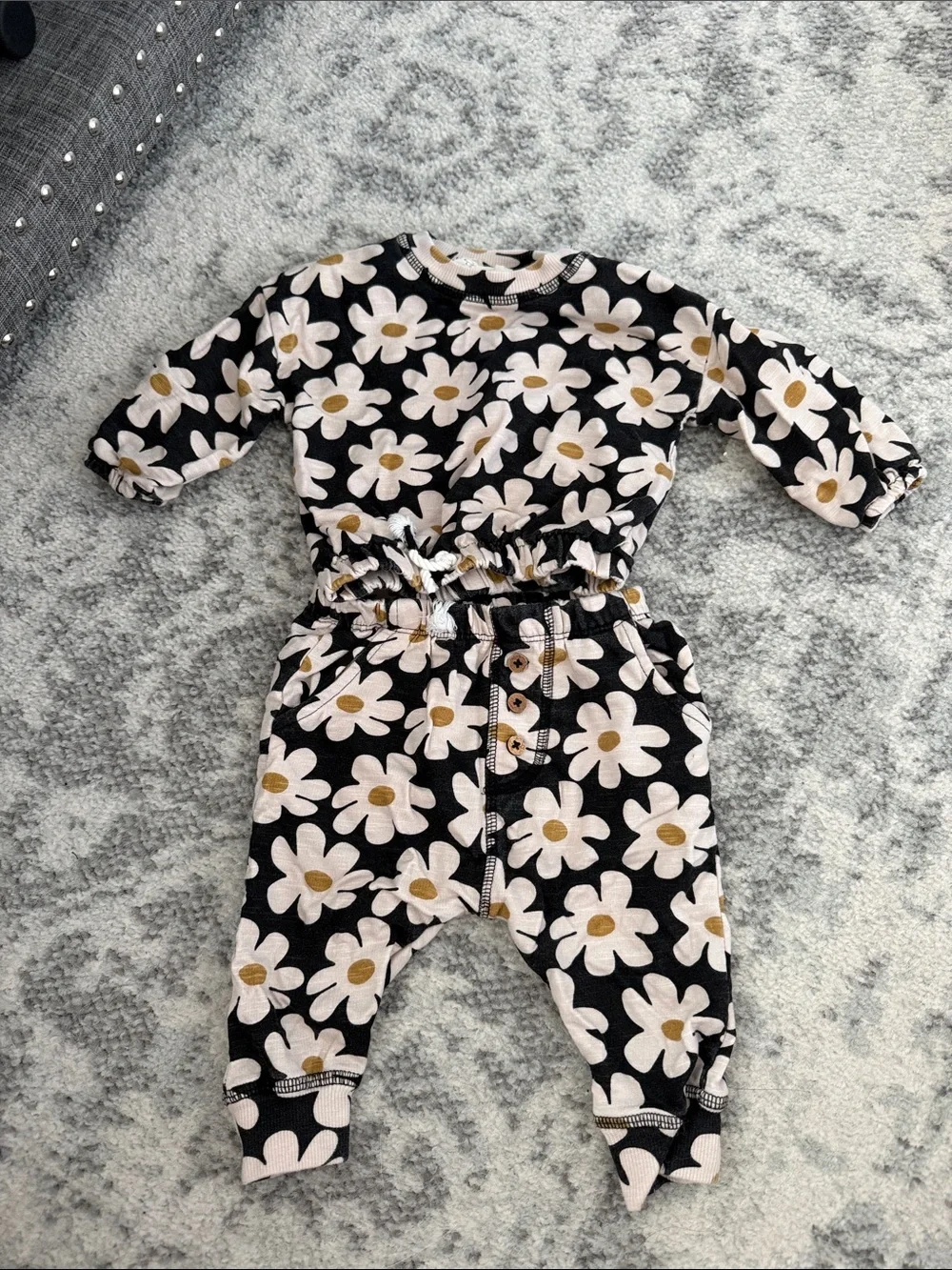 Baby Floral Two- Piece Romper in Black and Cream